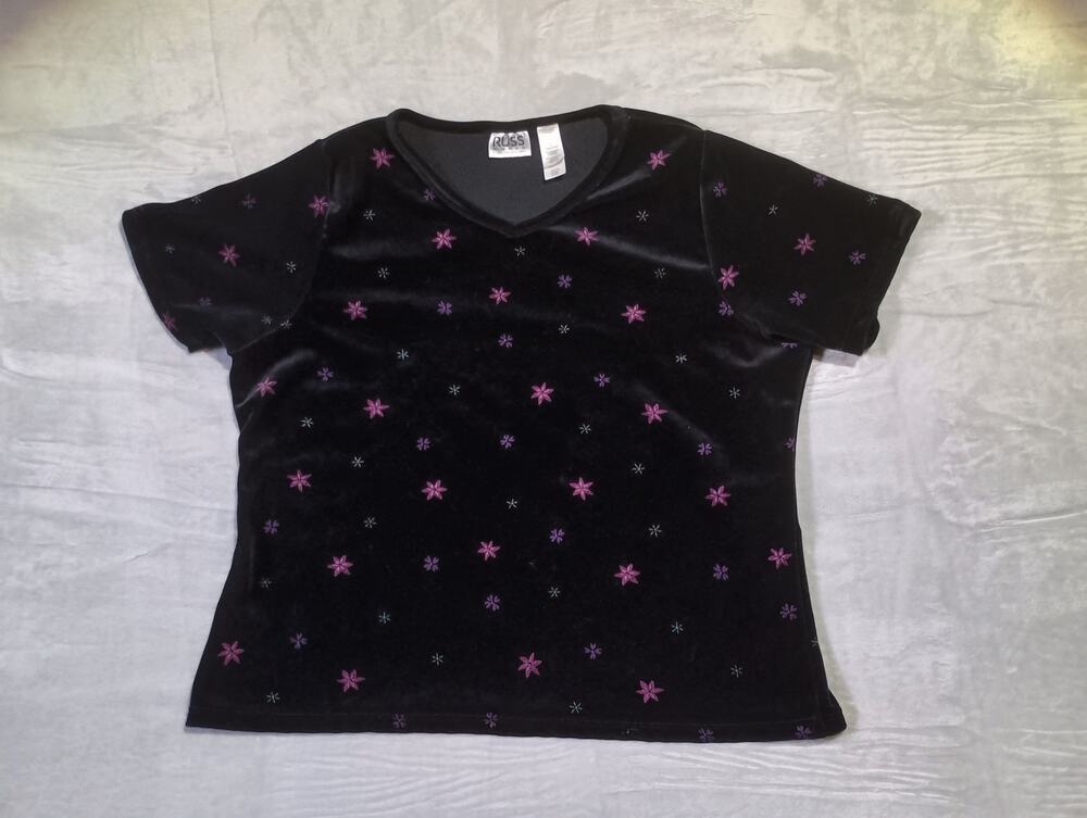 Vtg RUSS Size 2(X) 18-20W Black Velvet Velour Floral Top Whimsigoth Fairy Grunge